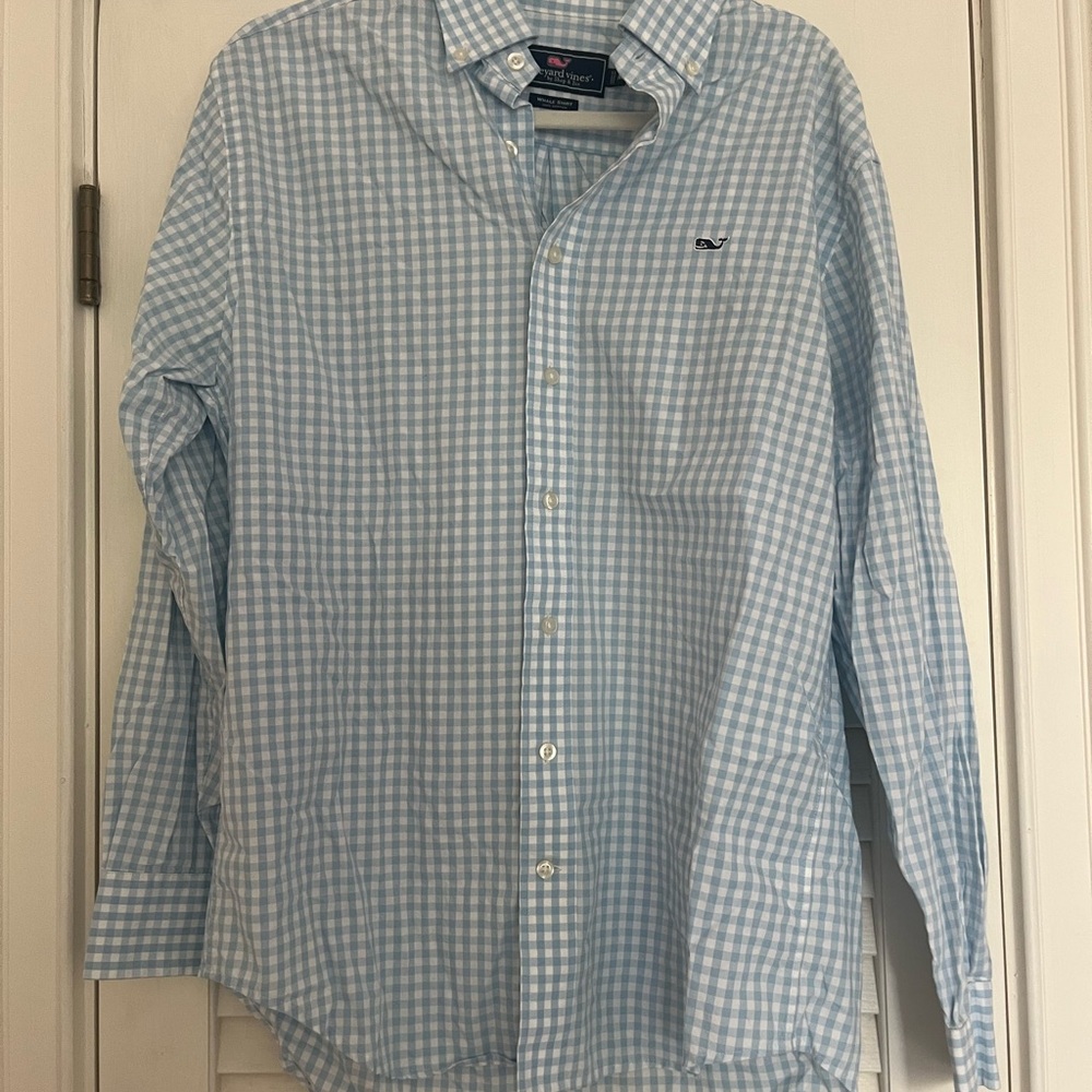 EUC Vineyard Vines Men's Blue Gingham Whale Shirt